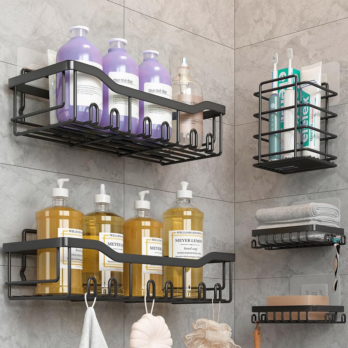 TTK 5-Pack Adhesive Shower Caddy Set for Bathroom Rustproof Stainless Steel No-Drill Organizer Wall Mounted Shower Shelves for