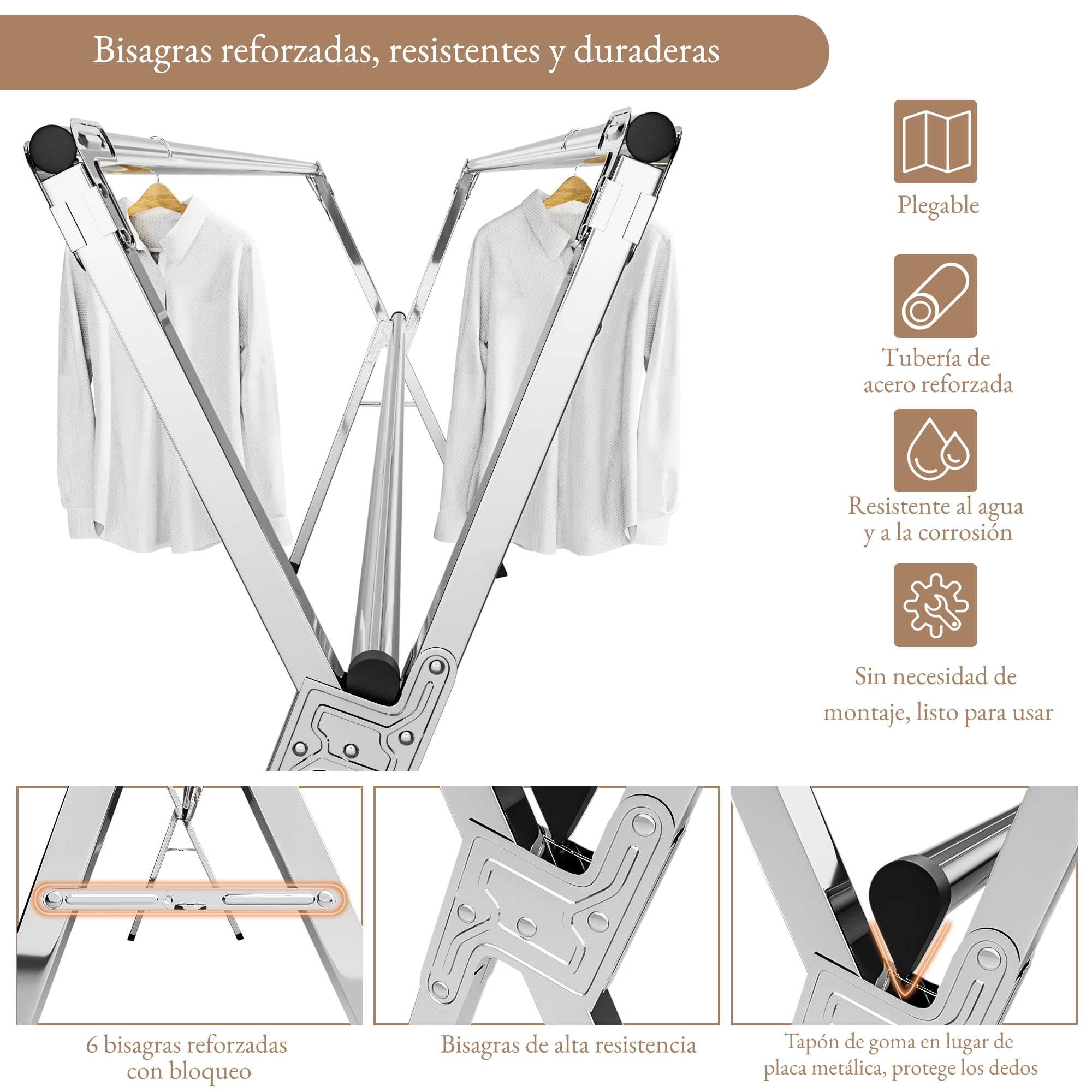 Tendedero Plegable de Acero Inoxidable 140-240 cm, Interior y Exterior