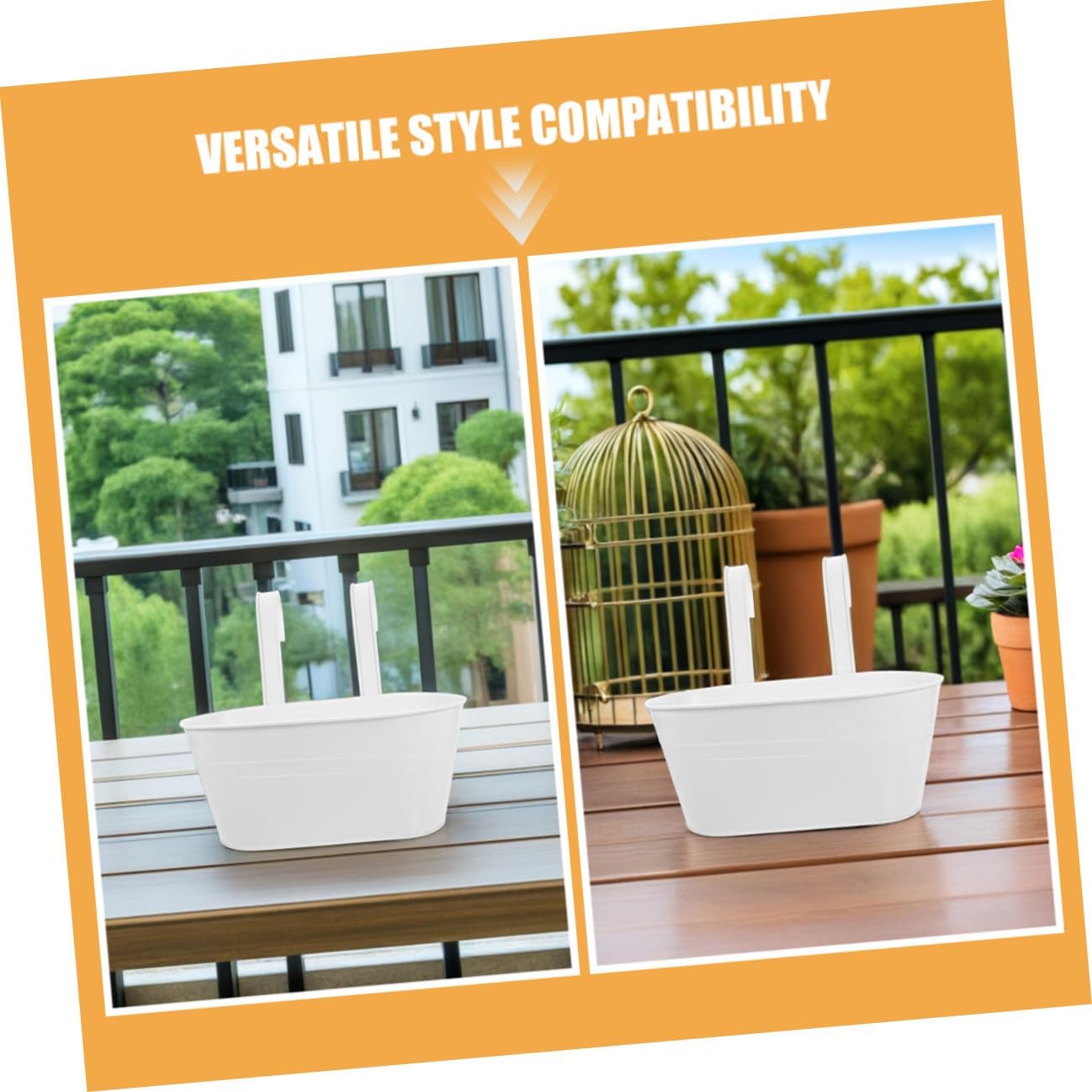 3pcs White Metal Hanging Wall Planters with Detachable Handles Iron Outdoor Bucket Planter for Balcony Patio Fence Garden
