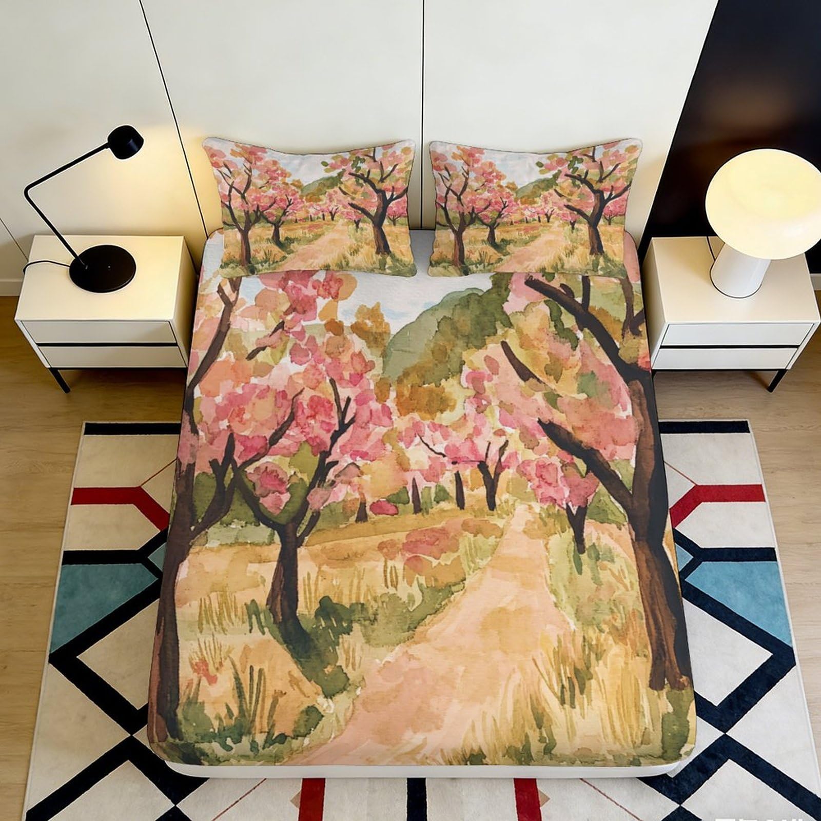 3D Printed Spring Blossom Fitted Sheet Microfiber Peach Tree Path Bed Cover for Bedroom Guest Room Decor Easy Care 90x200x25cm
