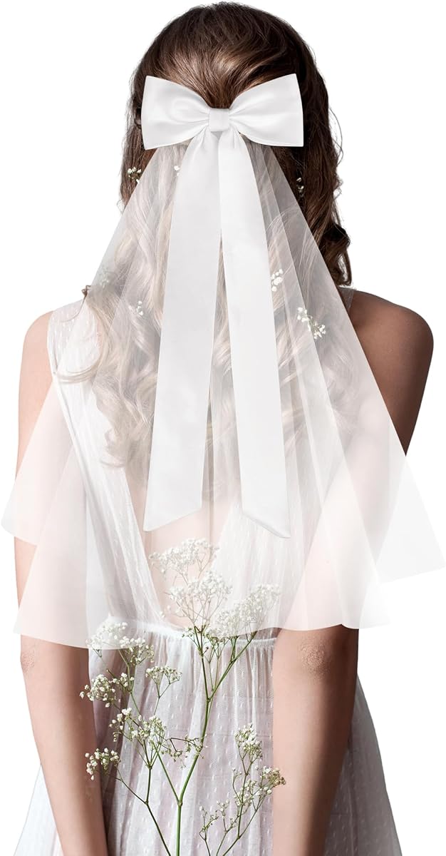 Geyoga Wedding Hair Bow Veil for Brides Short Veil with Clip | Pearl Edge Tulle Veil with Satin Bow, Clip-on for Easy Wear, Bridesmaid Gift and Party Decor, Bridal Shower Photo Prop