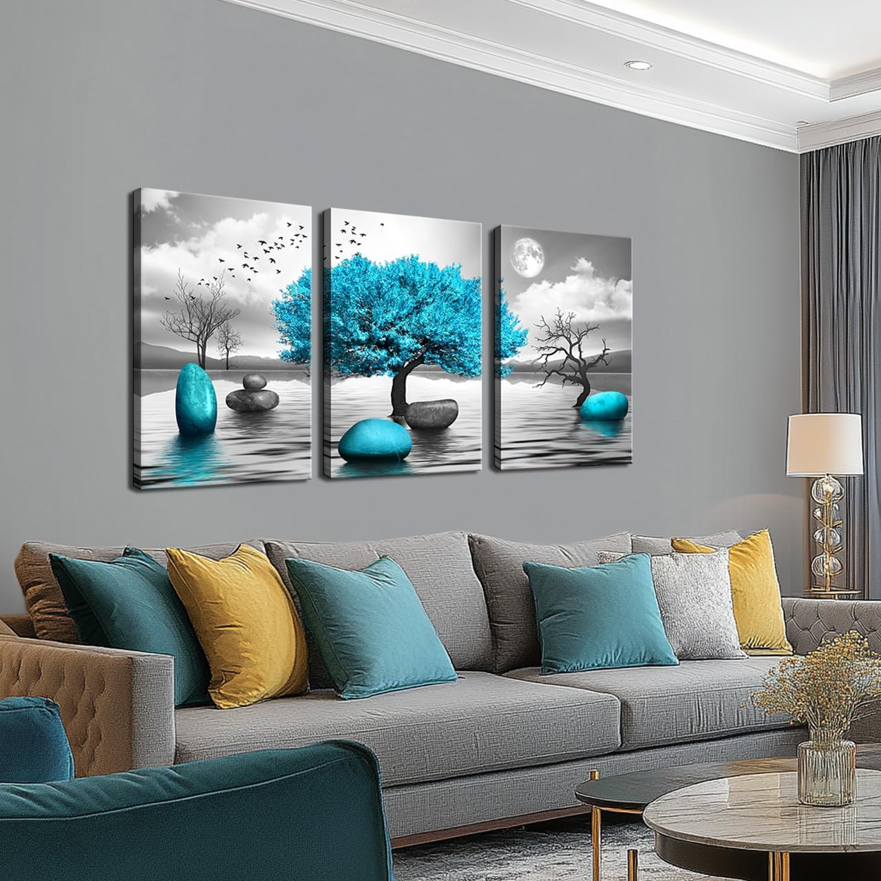 Wall Art for Living Room Bathroom Bedroom Large Size Black and White Tree of Life Paintings Modern 3 Piece Framed Canvas Art Prints Inspirational Abstract Blue Pictures Home Decorations