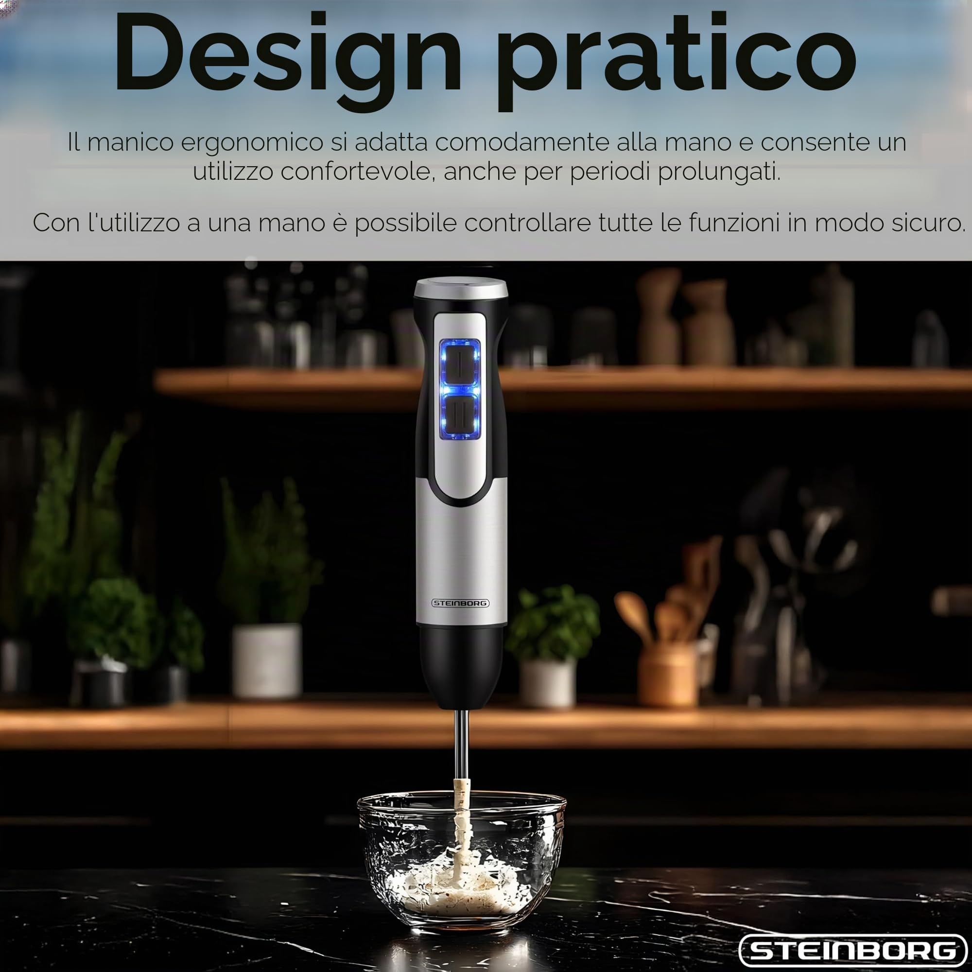 Steinborg Frullatore a immersione, 1.500 Watt, in acciaio inox, frullatore ad immersione, tritatutto – 500 ml, contenitore di miscelazione in acciaio inox, funzione turbo, frullatore a mano