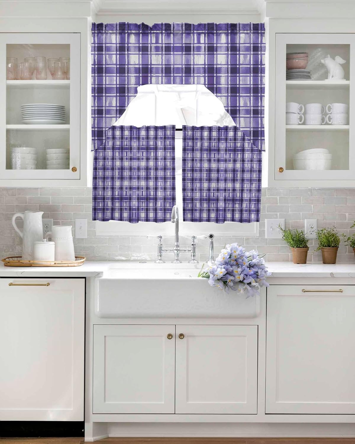 Watercolor Plaid Purple Swag Kitchen Curtain Sets with Valance,3 Pieces Rod Pocket Curtain Drapes for Bedroom Bathroom Cafe Windows,Vintage Farmhouse Buffalo Checkered 56''x36'' & 24''x27.5''x2Panels