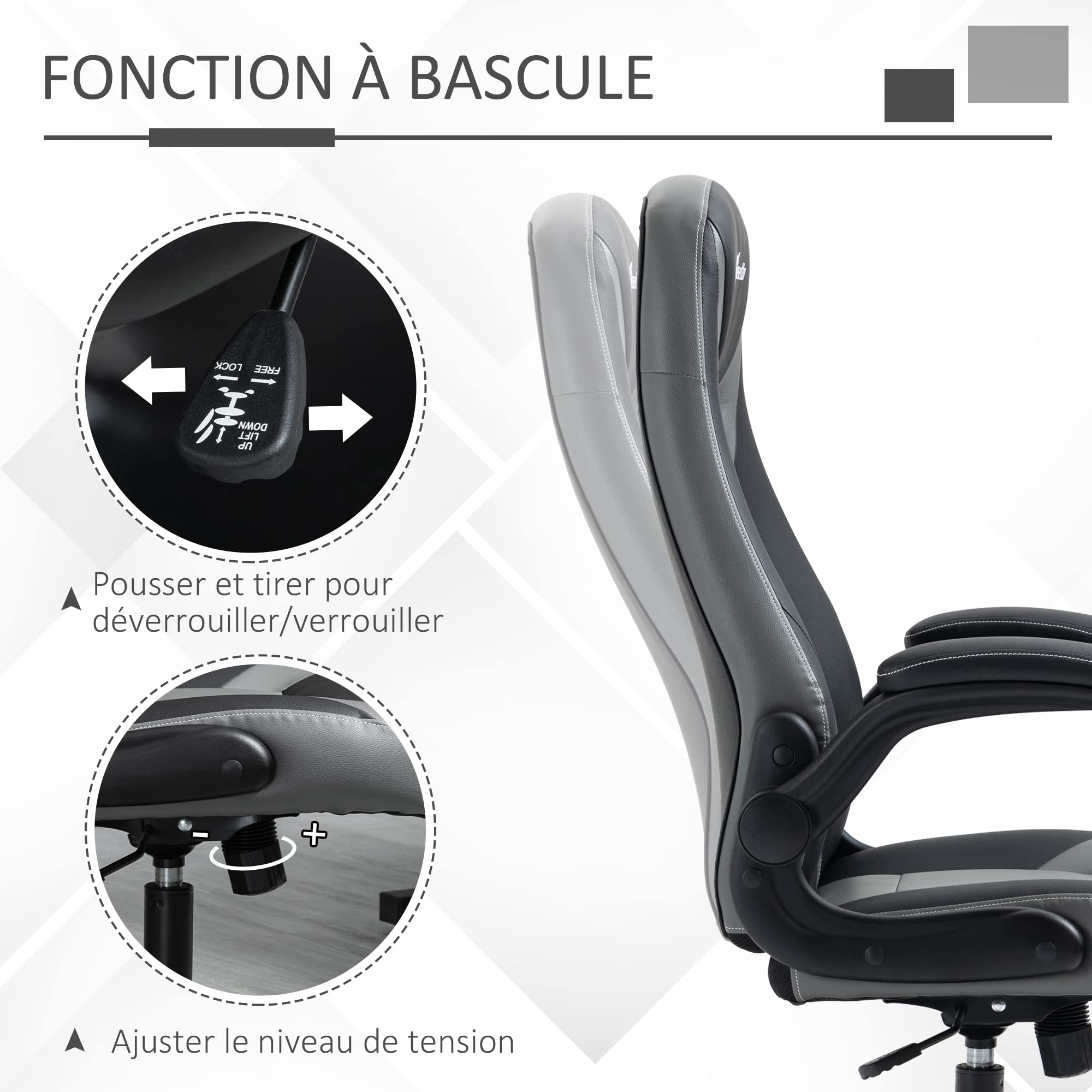 Vinsetto Chaise de Gaming Ergonomique avec Base Ronde métal pivotante 360° Hauteur réglable têtière accoudoirs relevables PVC Gris Noir