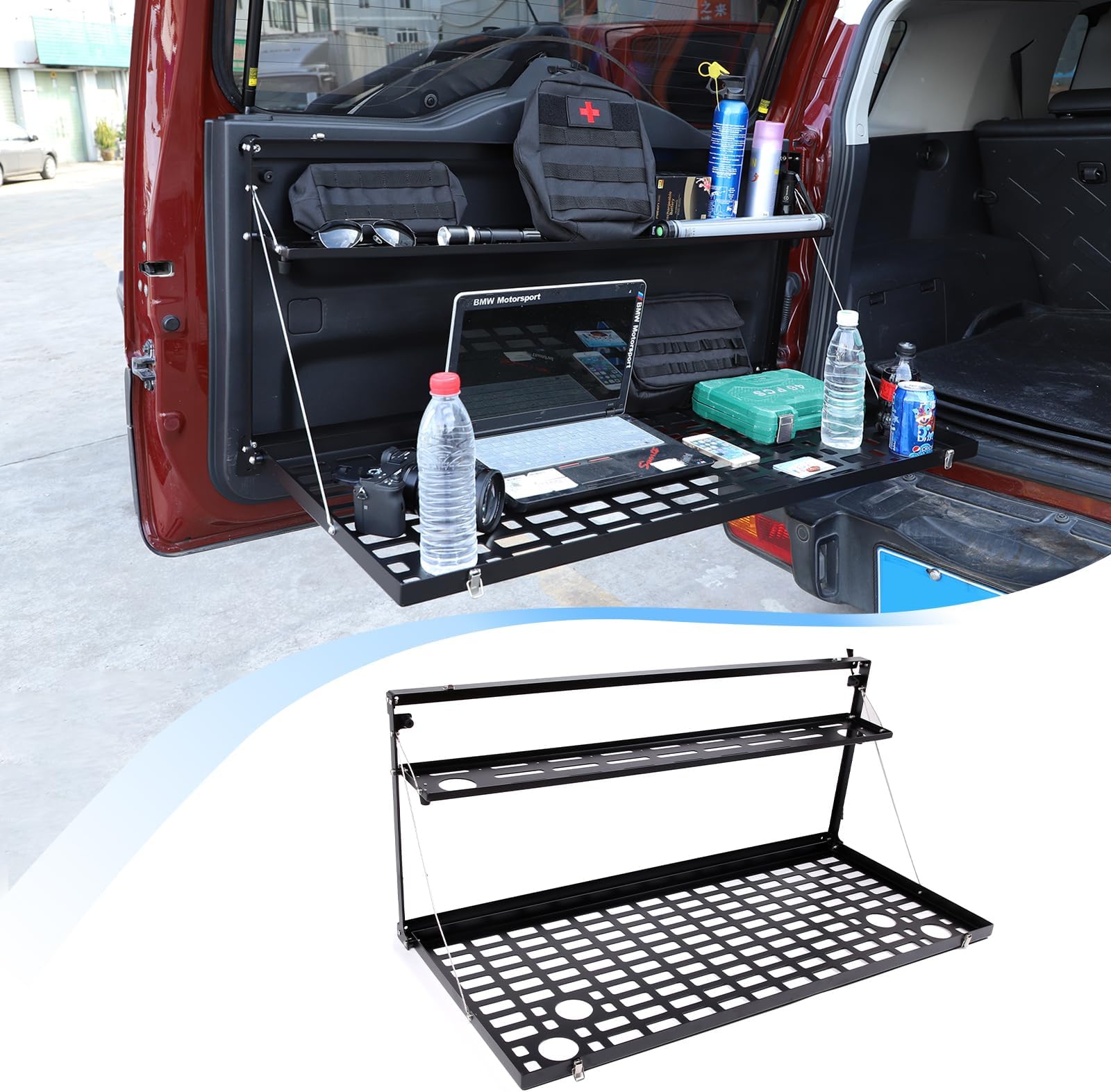 LLKUANG Car Trunk Rear Door Foldable Table Cargo Shelf Storage Tailgate Table for Toyota FJ Cruiser 2007-2021 Alloy Multifunctional Storage Tray Organizer Rack