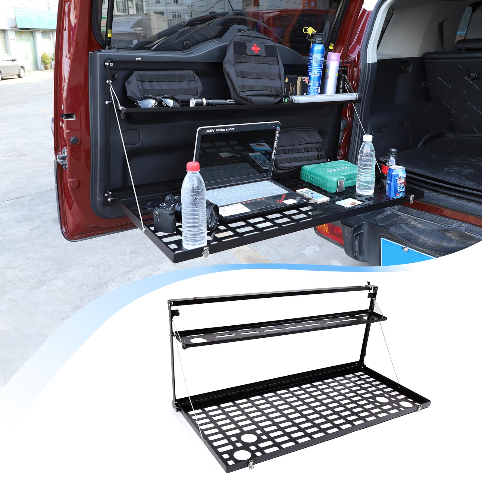 LLKUANG Car Trunk Rear Door Foldable Table Cargo Shelf Storage Tailgate Table for Toyota FJ Cruiser 2007-2021 Alloy Multifunctional Storage Tray Organizer Rack