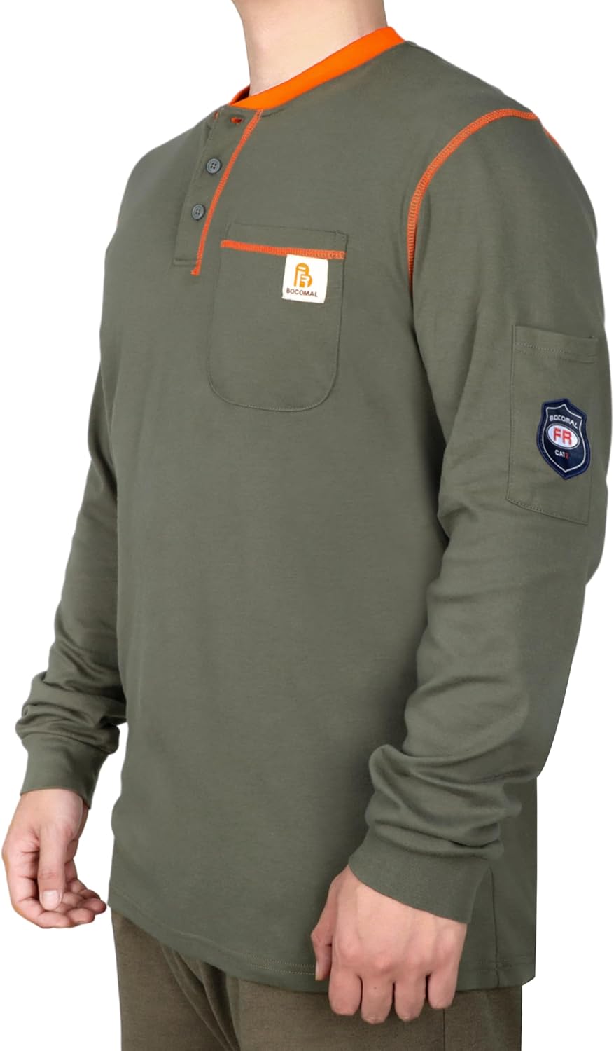 BOCOMAL FR Shirts for Men CAT2 5.5oz Long Sleeve Henley Workwear Flame Resistant Fire Retardant Shirt - Image 3