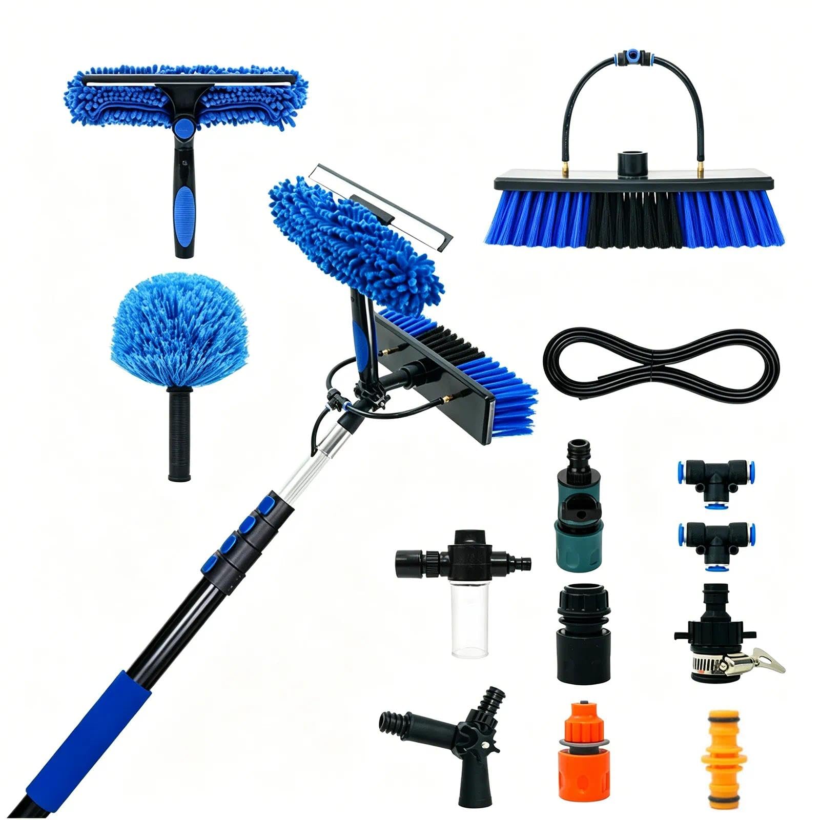 Retractable Hydraulic Solar Panel Cleaning Kit Including A 32cm Squeegee Soap Dispenser Cobweb Brush Dusting Brush and More Suitable for Cleaning Solar Panels and Windows(Blue,10.8m)