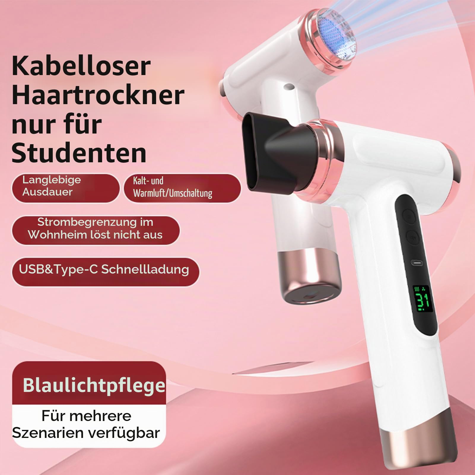 Schnurloser Haartrockner, Tragbarer Reise-Haartrockner, 200 W Schneller Ionen-Luftstrom, Heiß-Kalt-Wind-Design, 15000 MAh Wiederaufladbarer USB-Haartrockner für Schlafsaal,