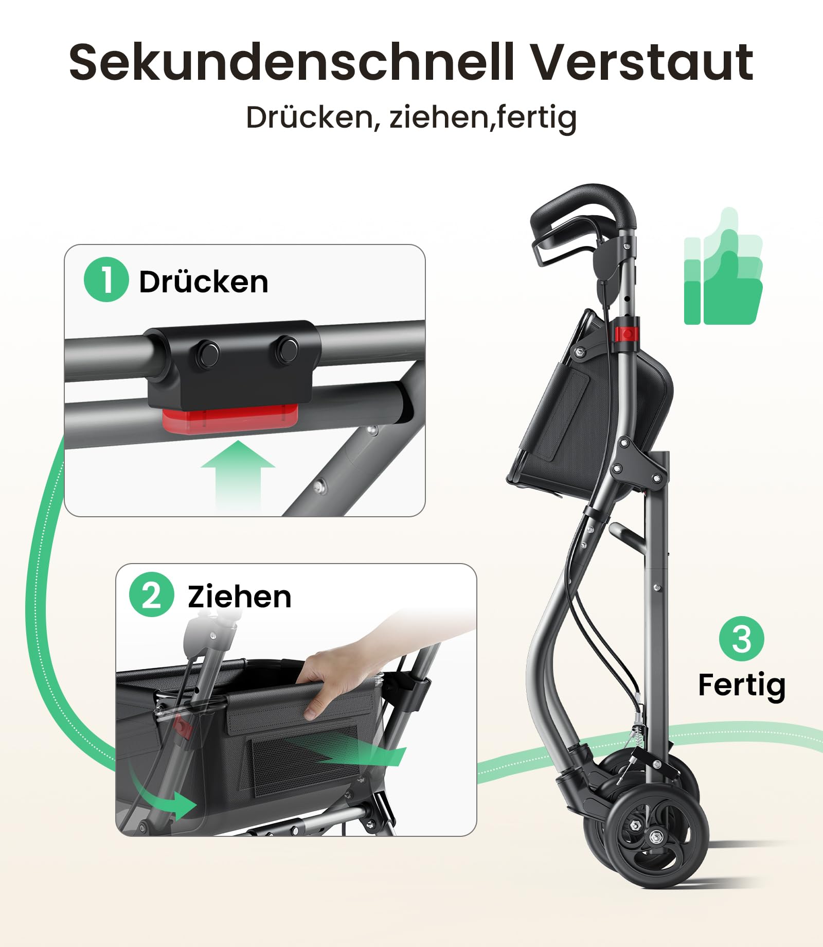 Rollator Schmal für Wohnung, Indoor Rollator Faltbar und Leicht mit Klappbar Tablett & Stoffkorb, Gehhilfe für Senioren mit Spuer Leiser Anti-Rutsch Reifen,Aluminium, Mobilität für Zuhause, Silber