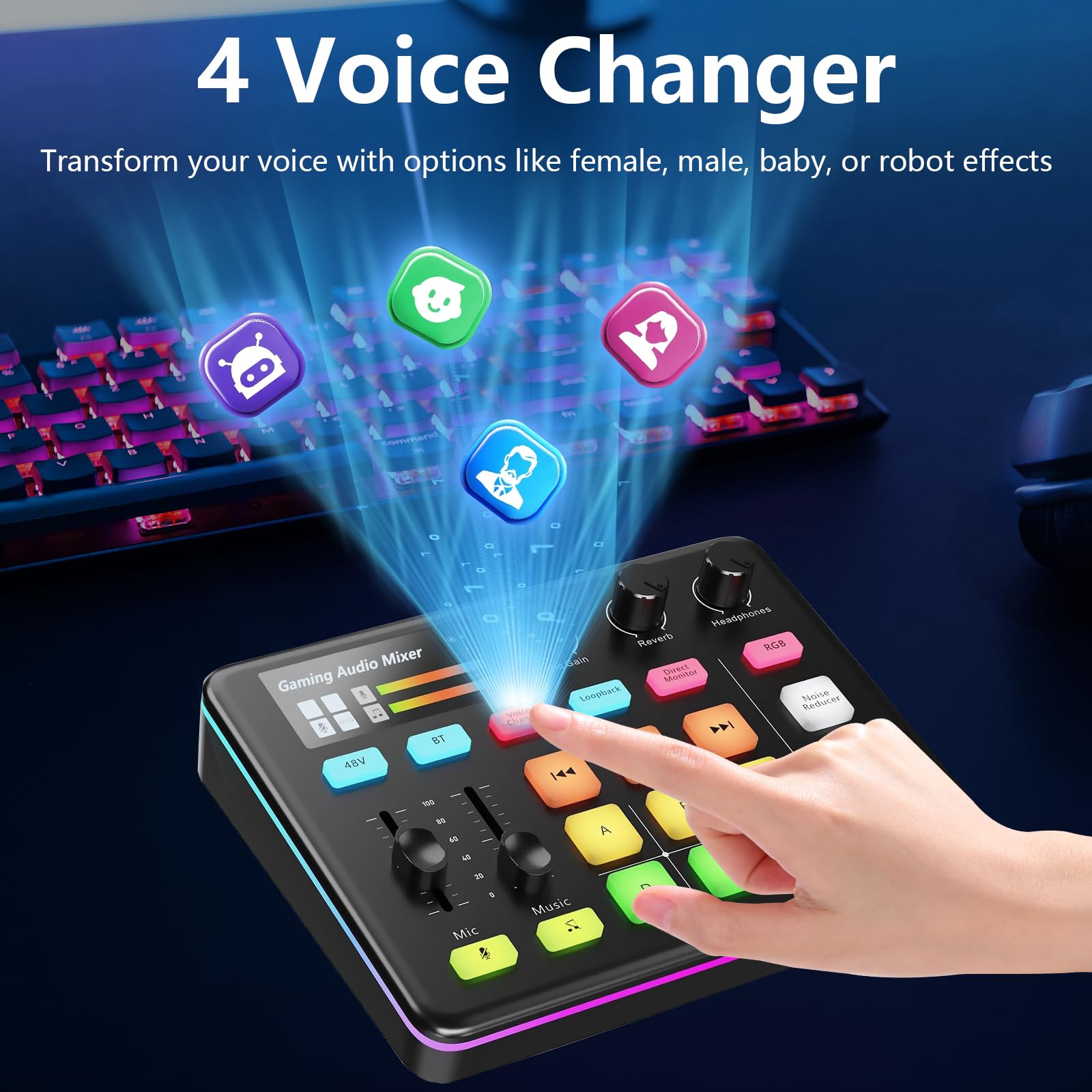 Mezclador de Audio, RGB Streaming Gaming Audio Mixer con Interfaz de XLR, Alimentación Phantom de 48V, Mezclador de Audio para Juegos para Transmisión en Vivo, Podcasting, Creación de Contenido