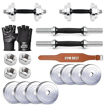 JMB Steel Weight Plate Adjustable Dumbbell Combo 15kg–50kg for Home Gym Workout | Fitness Equipment Set with 1 Pair Steel Dumbbell Rod, Gym Gloves & Gym Belt | Strength Training for Men & Women (30kg)