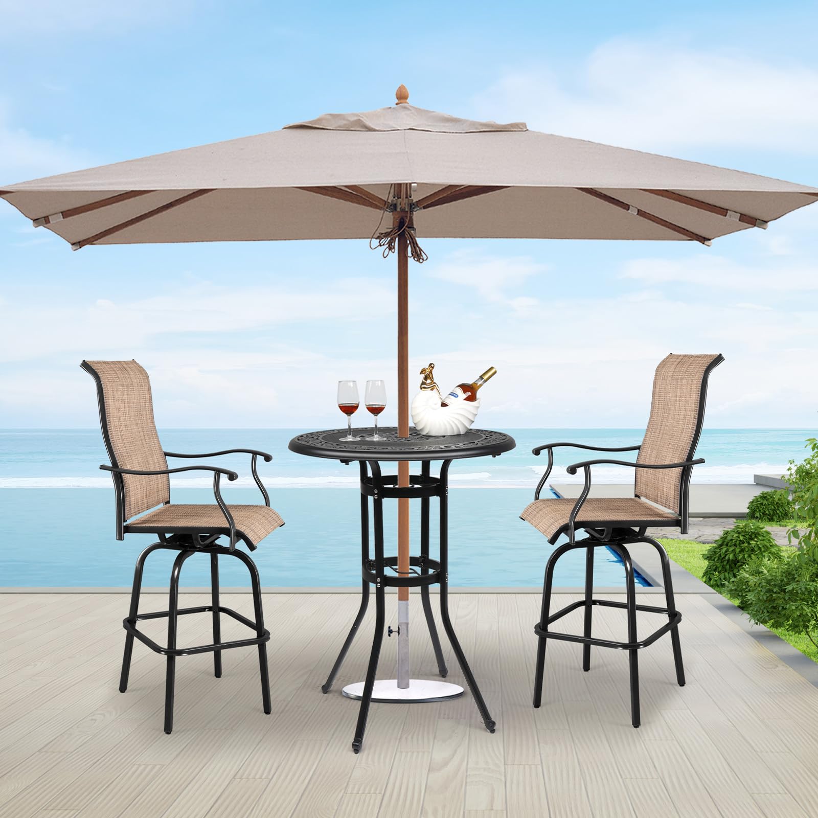 black patio set with umbrella 6 Pieces Patio Dining Set Folding Chairs Glass Table Tilt Umbrella for Garden-Gray