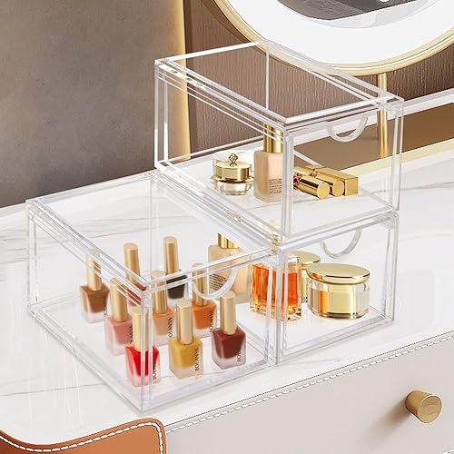 Miniatura 2 de Paquete de 2 cajones de almacenamiento apilables transparentes, organizador de maquillaje de baño, cubos de almacenamiento de plástico, organización