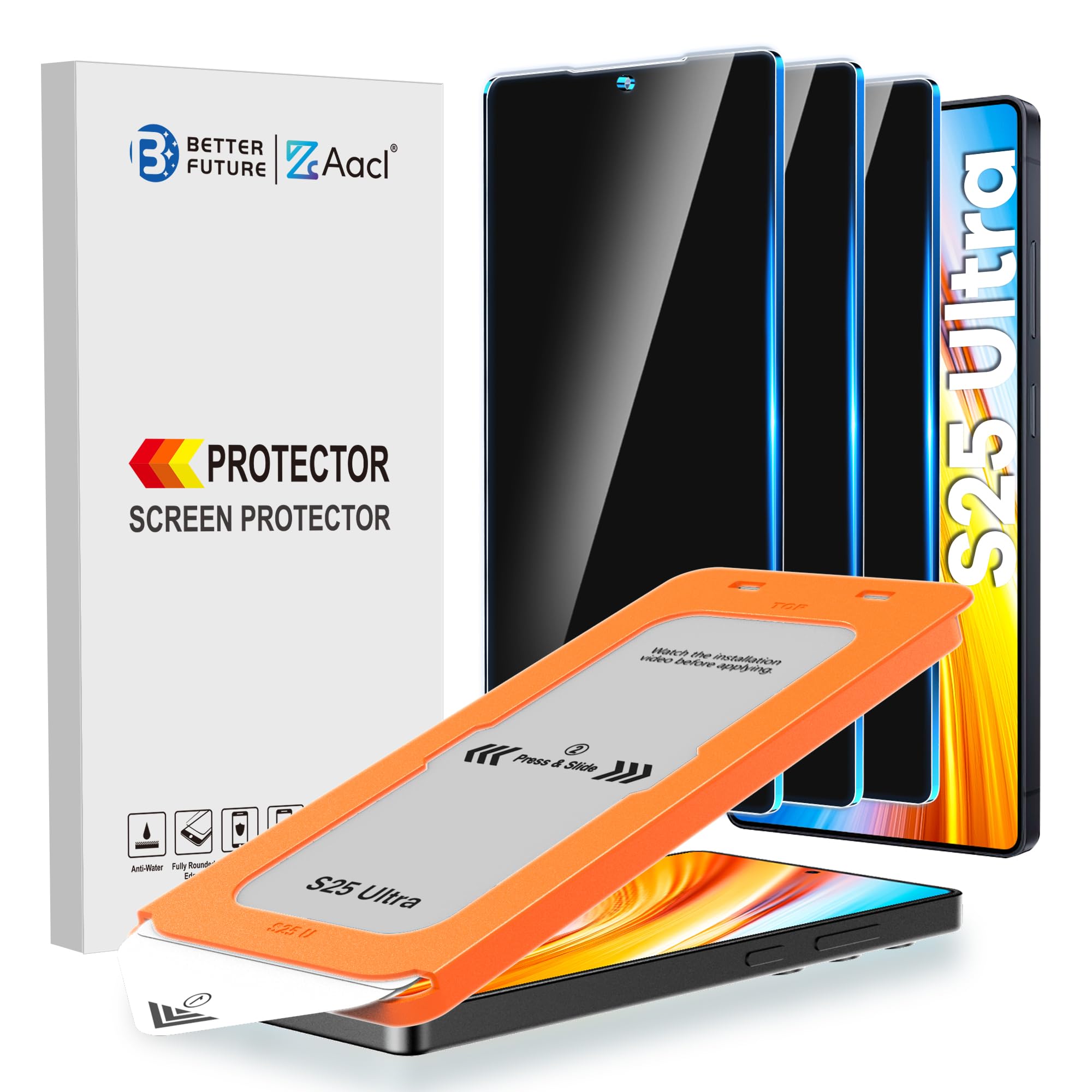 AACL 3-Pack for Samsung Galaxy S25 Ultra Privacy Screen Protector [6.9"] | 9H Tempered Glass, Anti-Spy, HD Clear, Fast Alignment Tool, Bubble Free, Anti-Scratch