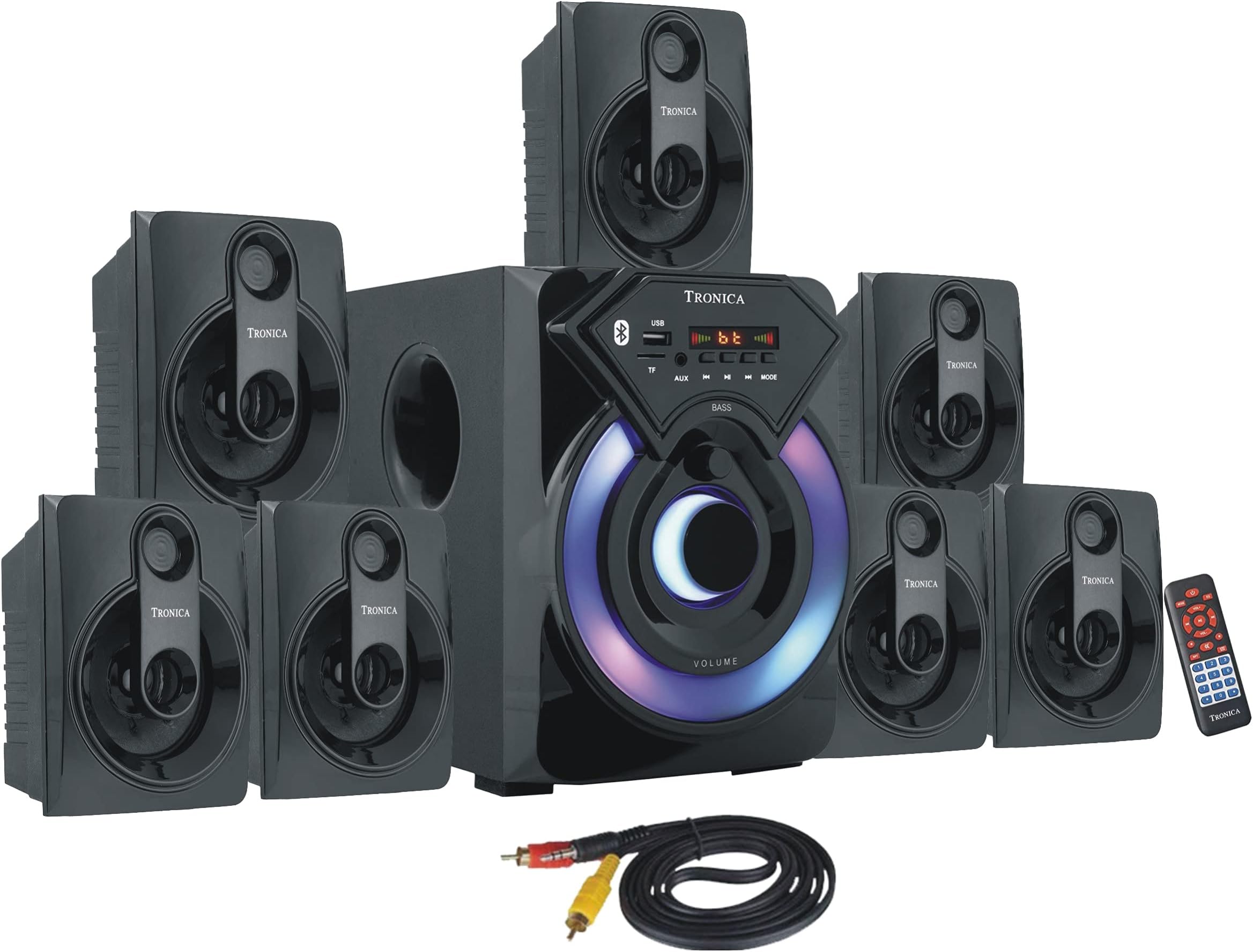 TRONICA Series 7.1 Channel Home Theater System Bluetooth, USB, FM, SD, AUX, RCA Inputs, LED TV Compatible, 4" Active Subwoofer, 3" Passive Radiator, Vivid Lighting, Wireless Remote