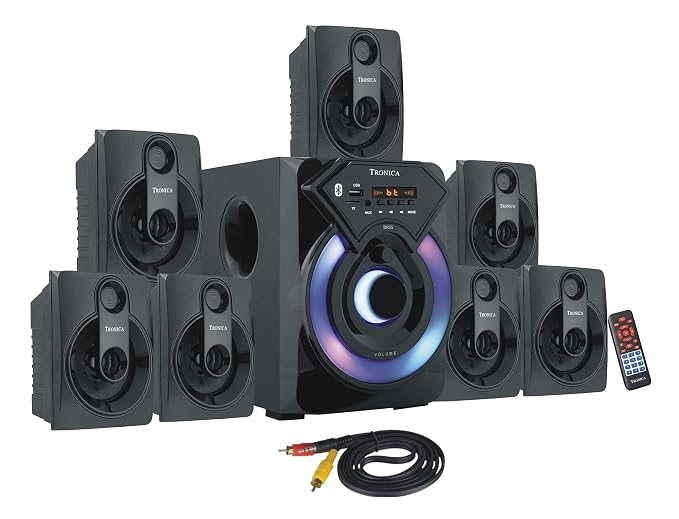 TRONICA Series 7.1 Channel Home Theater System Bluetooth, USB, FM, SD, AUX, RCA Inputs, LED TV Compatible, 4" Active Subwoofer, 3" Passive Radiator, Vivid Lighting, Wireless Remote