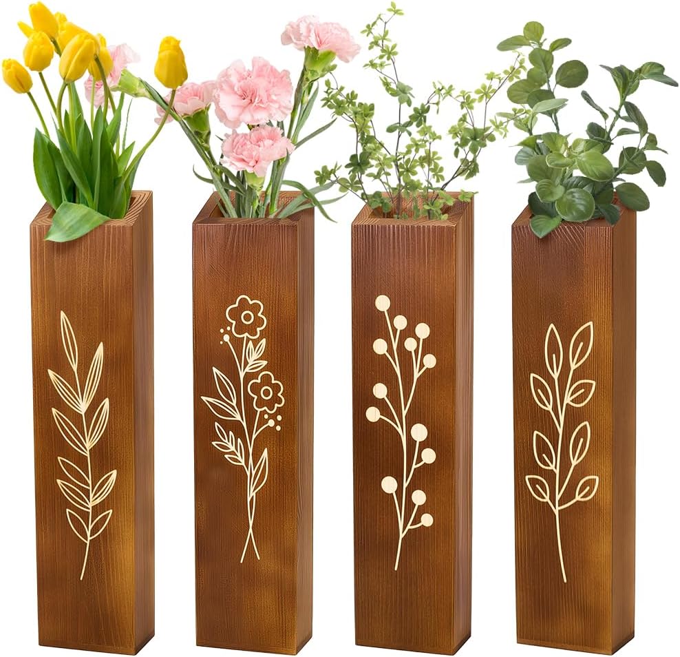 peacoblue Wood Wall Planter, 4 Pack Indoor Pocket Wall Vases Decor for Boho Farmhouse Living Room Bedroom Dried Flowers Faux Greenery Plants Brown
