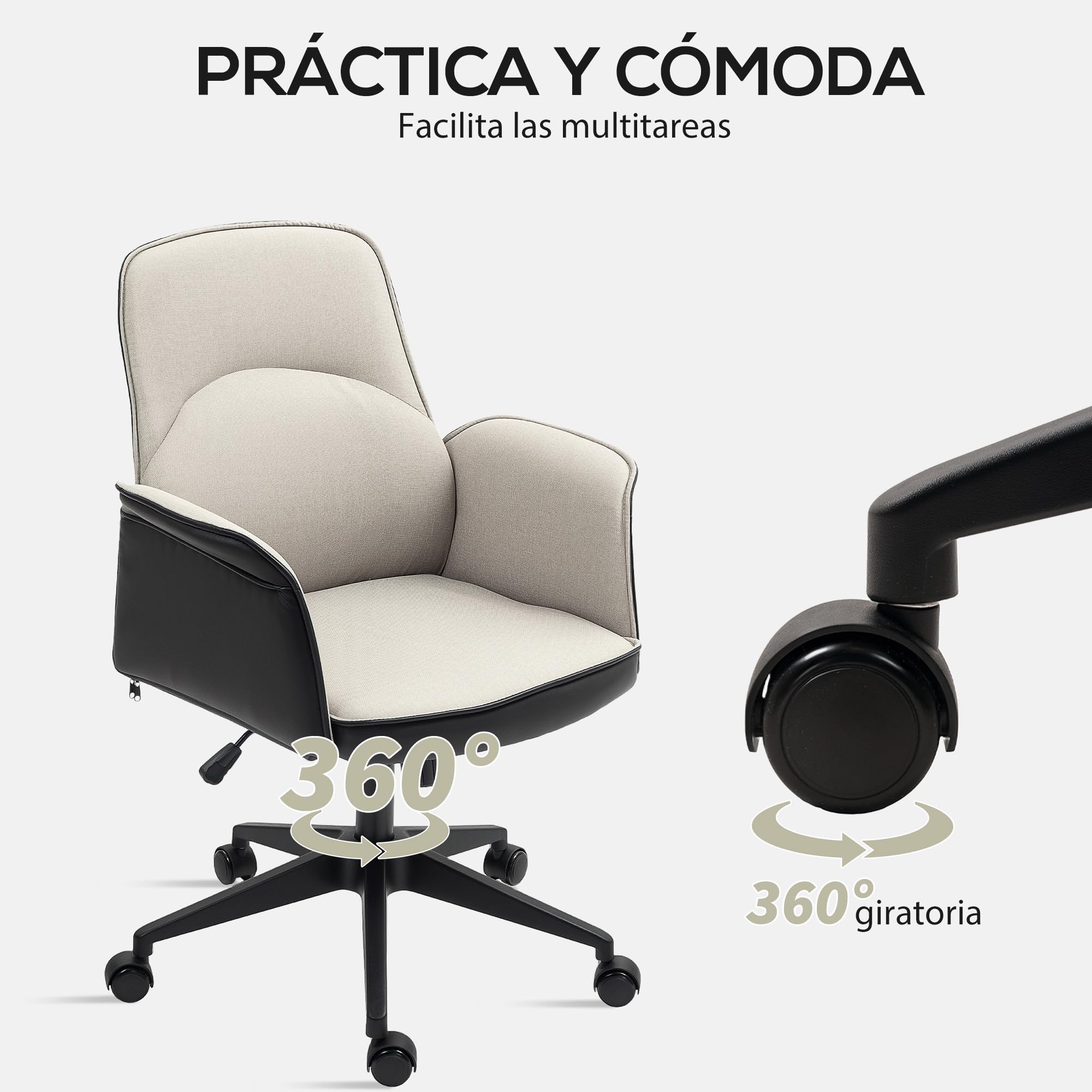 HOMCOM Silla de Oficina Basculante Silla de Escritorio Giratoria Tapizada en PU y Lino Altura Ajustable Reposabrazos Silla de Estudio Carga 120 kg Beige y Negro