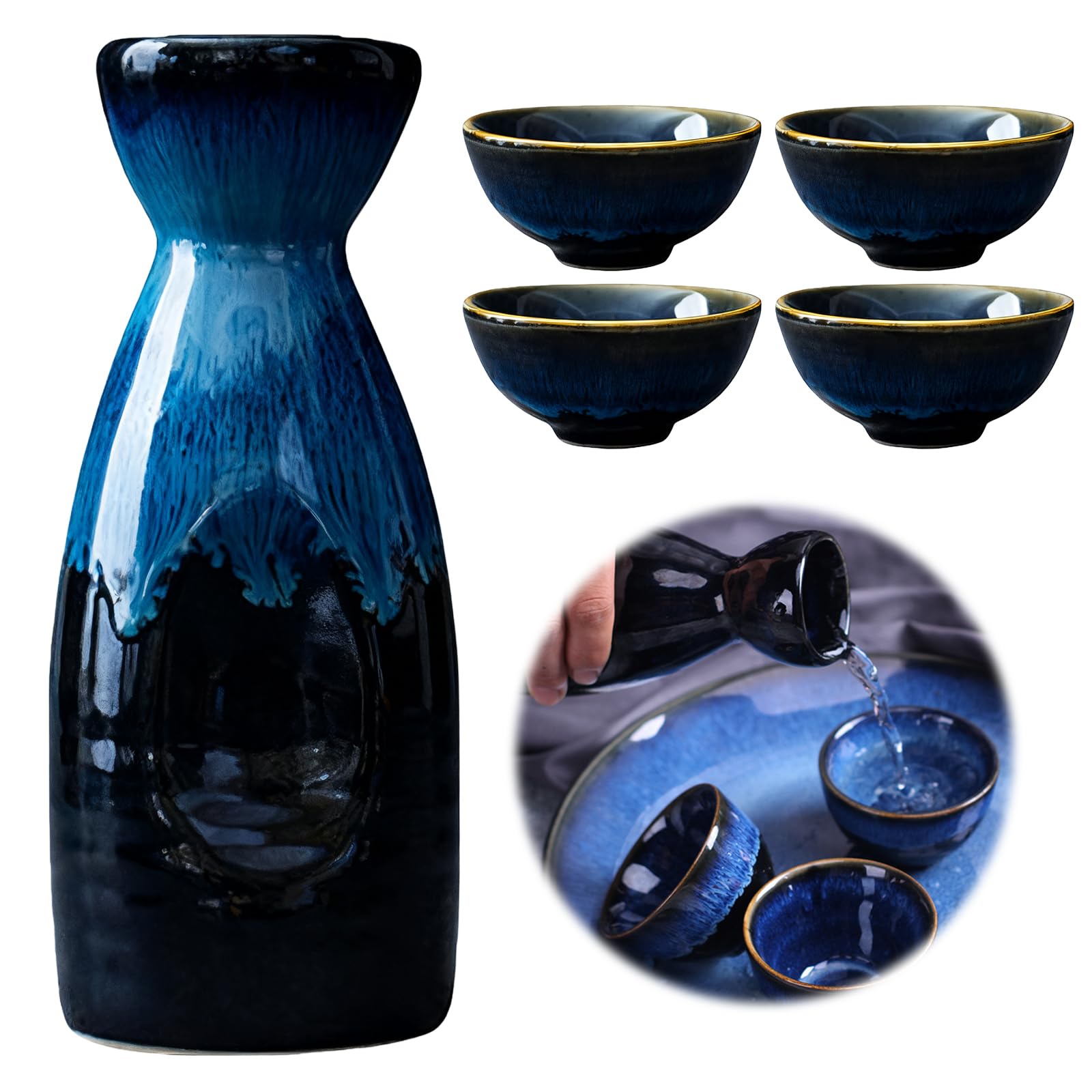 Sake-Set aus Keramik, 5 tlg. Traditionellen Japanischer Stil Sake Pot mit Bechern, Ofengealterte Glasur Porzellan Japanische Sake Set, Japanisches Sake-Topf-Set für Neujahr und Partys