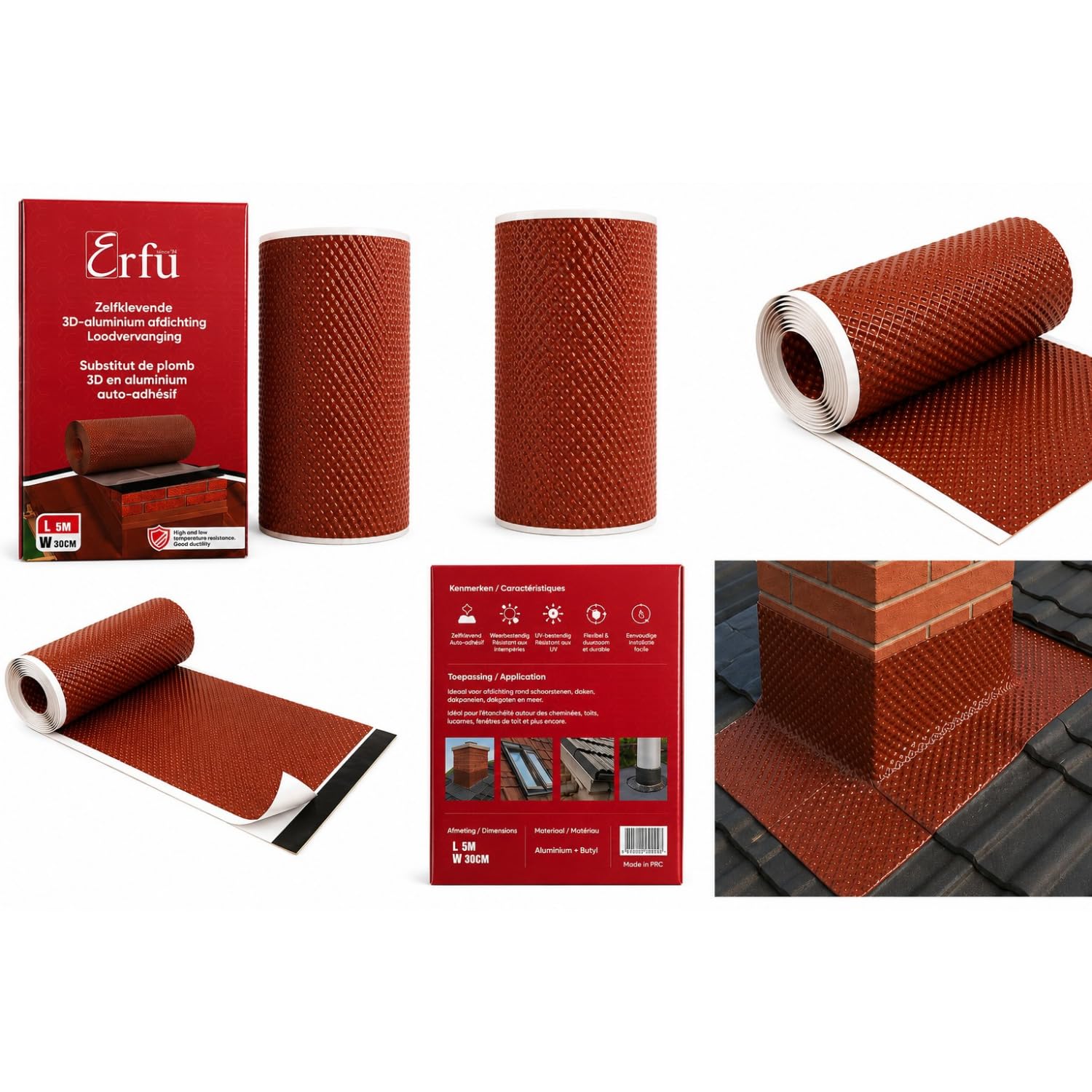 Banda de Sellado de Tejado Butilo Aluminio 3D Naranja – Autoadhesiva, Resistente UV, Chimeneas Rojo