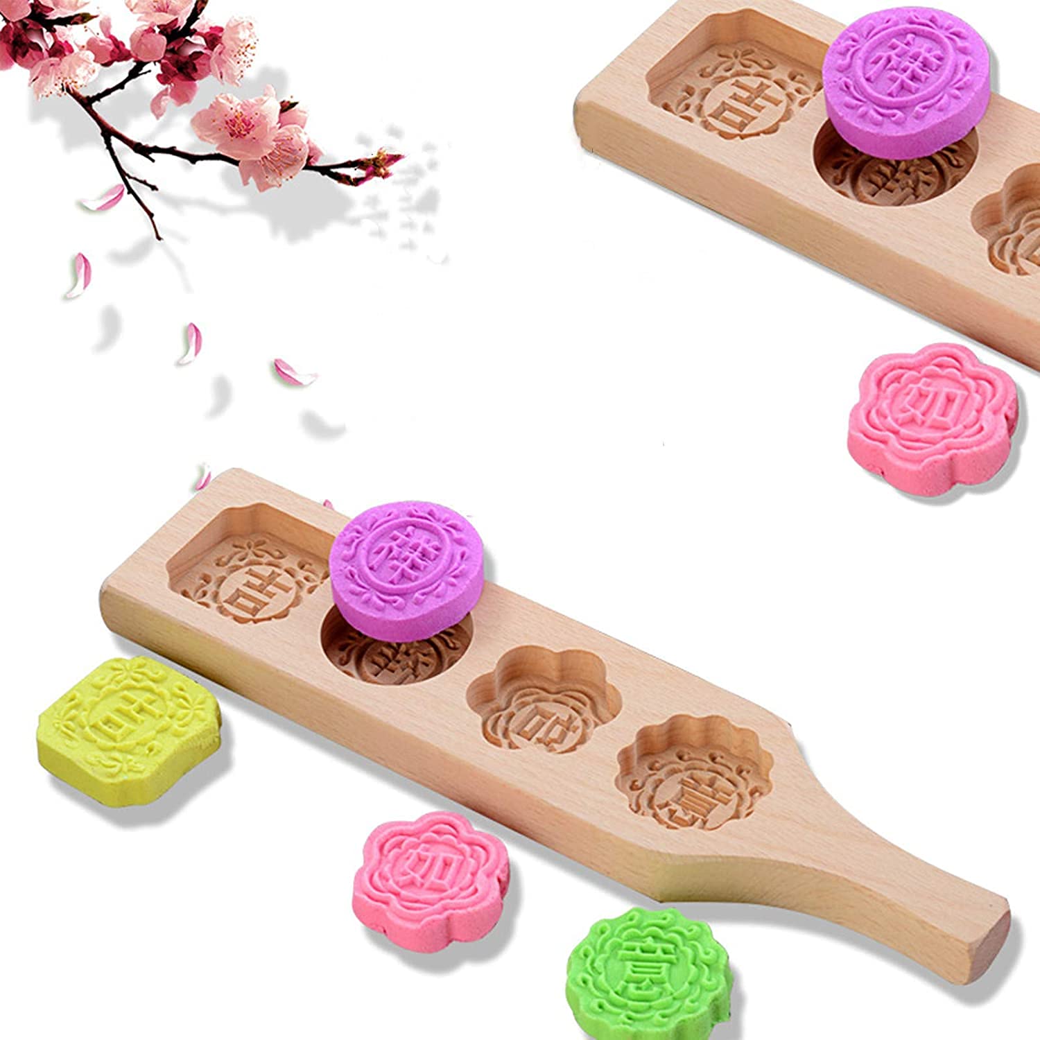 Wooden Mooncake Mold DIY 4 Flower Shapes Handmade for Home Kitchen Cake Shop