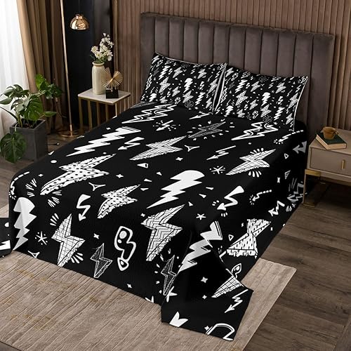 Juego de colcha de rayo dibujado a mano con rayo de rayo, 3 piezas para niños y niños, colcha acolchada de microfibra (1 colcha + 2 fundas de