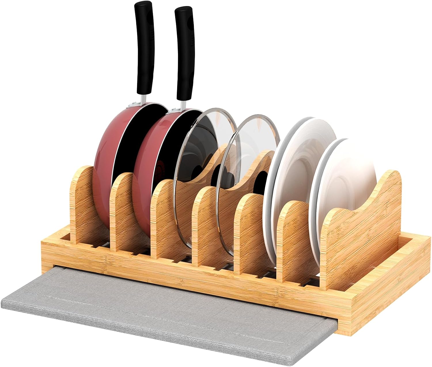 Bamboo Pot Lid Organizer Pot Lid Holder, Pot and Pan Organizer Drawer Organizer for Pot Lids, Pans, Cutting Boards，Drying Stone for Kitchen Counter Fits Various Pot Lid Holders