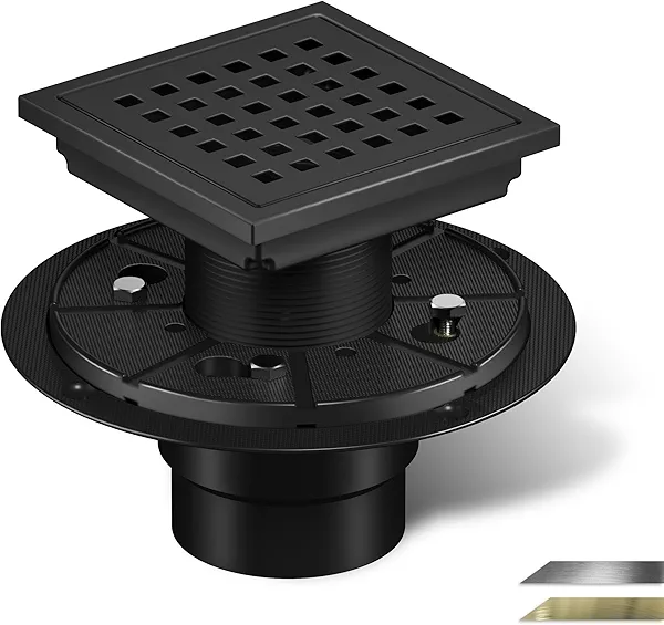 Georkios Black 6 Inch Square Floor Drain, SUS304 Stainless Steel Flange Shower Hair Strainer with Removable Grid Cover