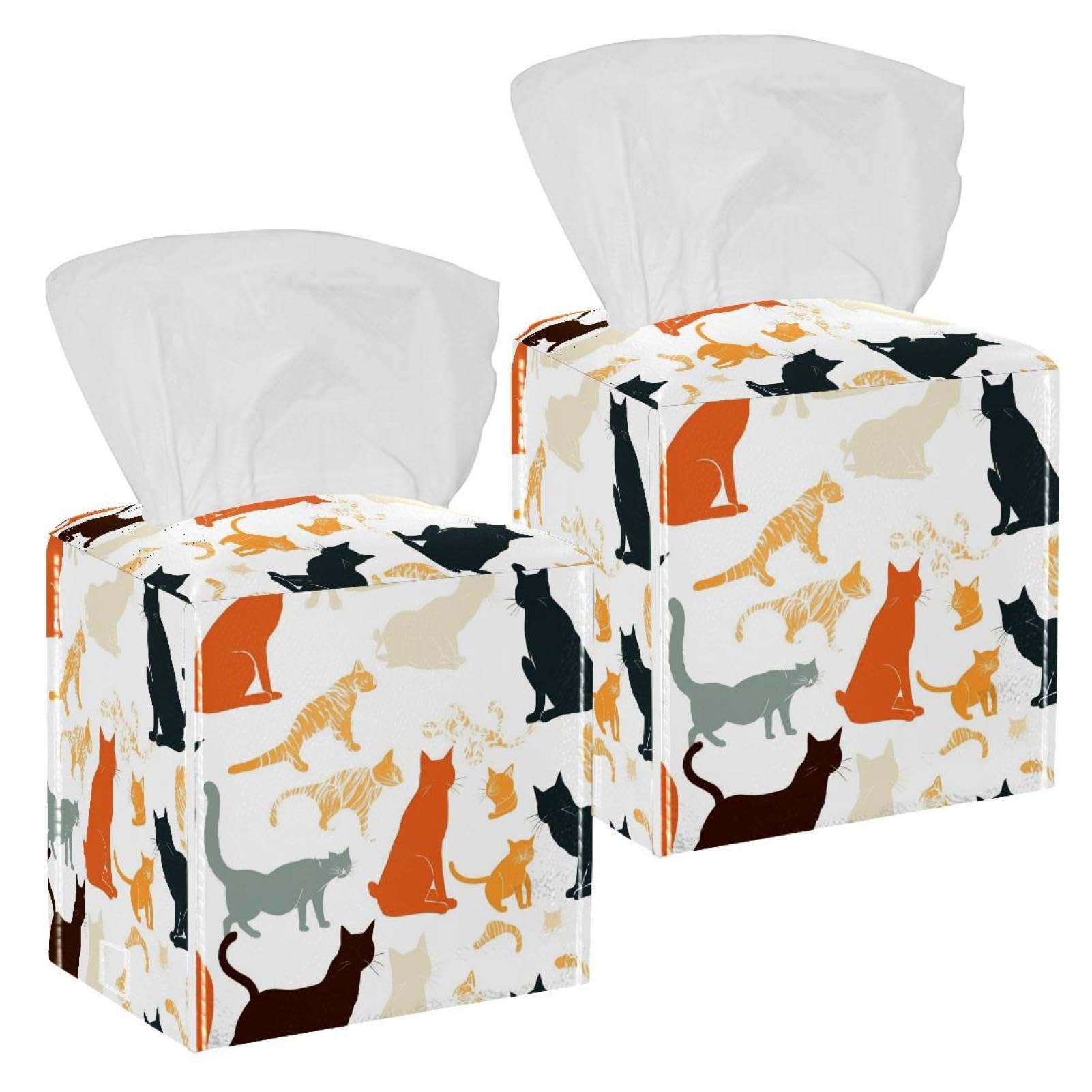 Cats Tissue Box Cover, 2 Pack PU Leather Square Facial Tissue Dispenser Box holder for Home Office Car