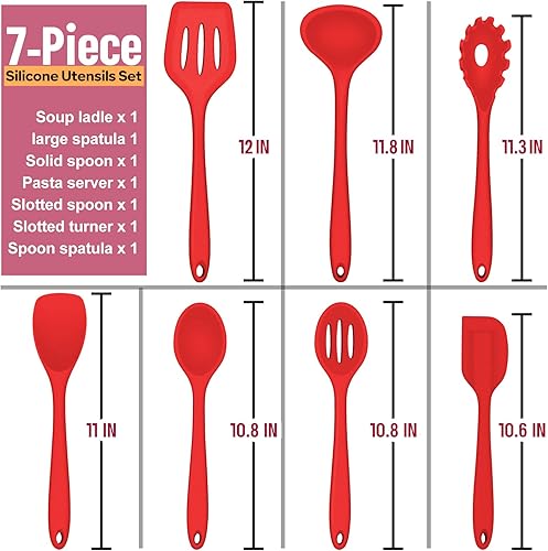 Miniatura 4 de E-far - Juego de utensilios de cocina de silicona, 7 piezas, color rojo, resistentes al calor, herramientas antiadherentes, espátula, cucharón,