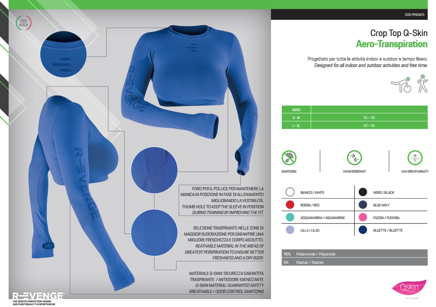R-EVENGE Crop Top Q-Skin, Maglia Tecnica Donna a Manica Lunga per Tutte Le attività in Palestra e Outdoor