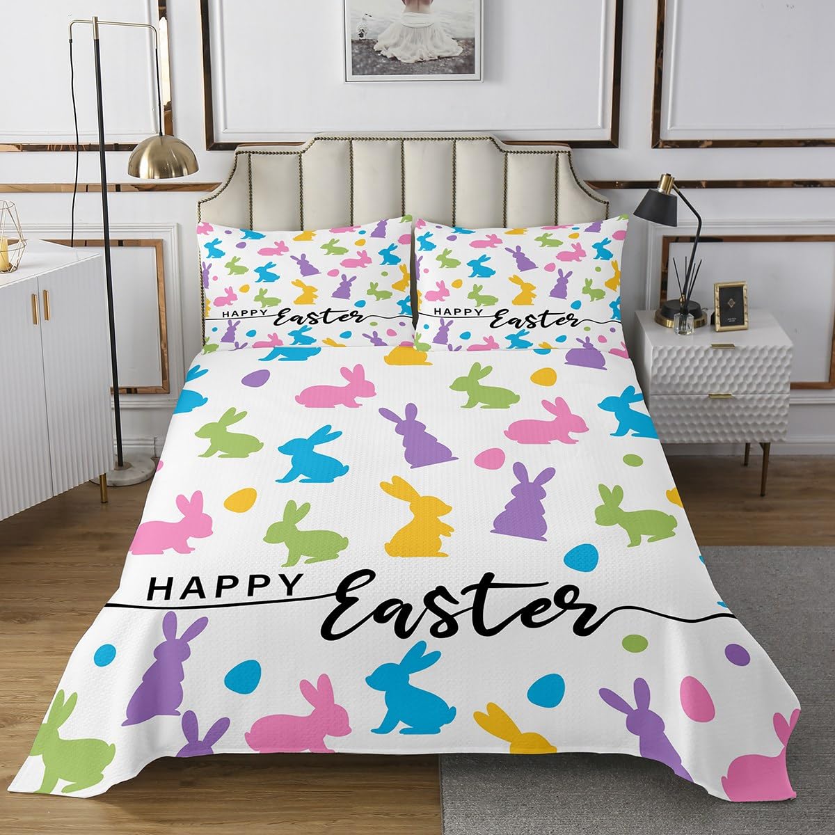 jejeloiu Kids Queen Size Happy Easter Coverlet Set Easter Colorful Eggs Bedspread Bunny Quilted Coverlet for Kids Boys Girls Easter Decor Quilted 3Pcs