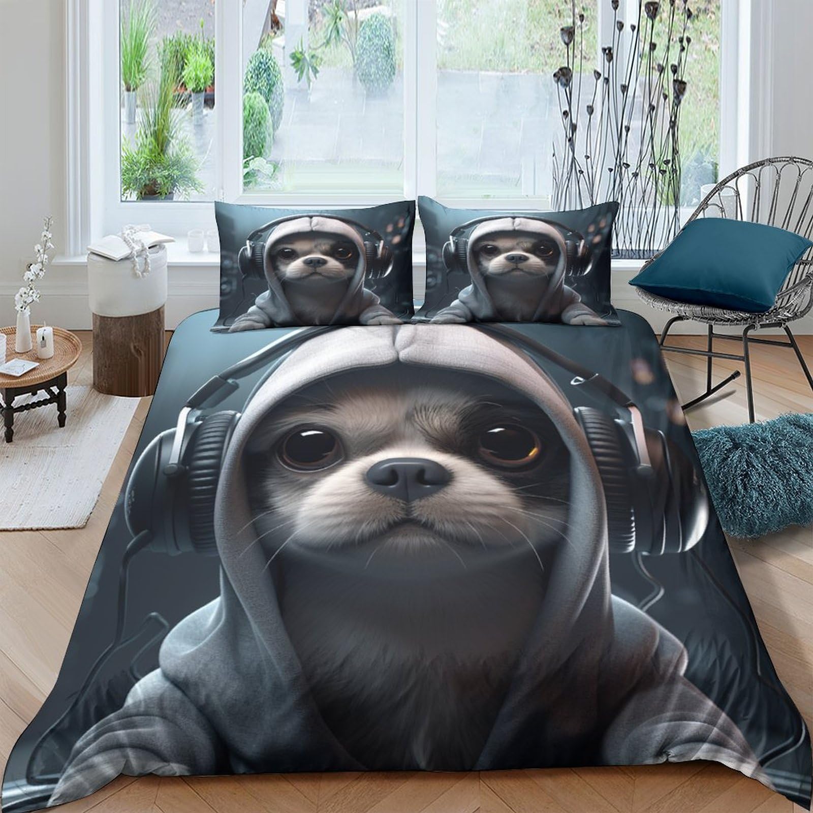 Housses de couettes motif chien 3D cadeau parure de lit double 200x200cm super douce 3 pièces