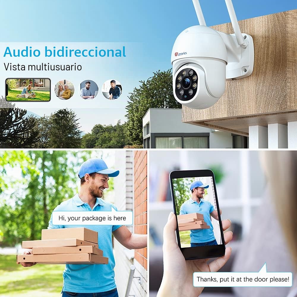 Ctronics 2K 4MP Cámara de vigilancia Exterior WiFi PTZ IP Cámara Exterior