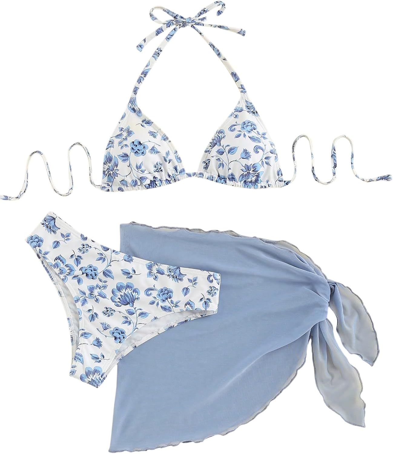 GORGLITTER Dames bikini set 3-delige bikiniset met bloemenpatroon halterbadpak met cover-up rok zwempak set, lichtblauw, L