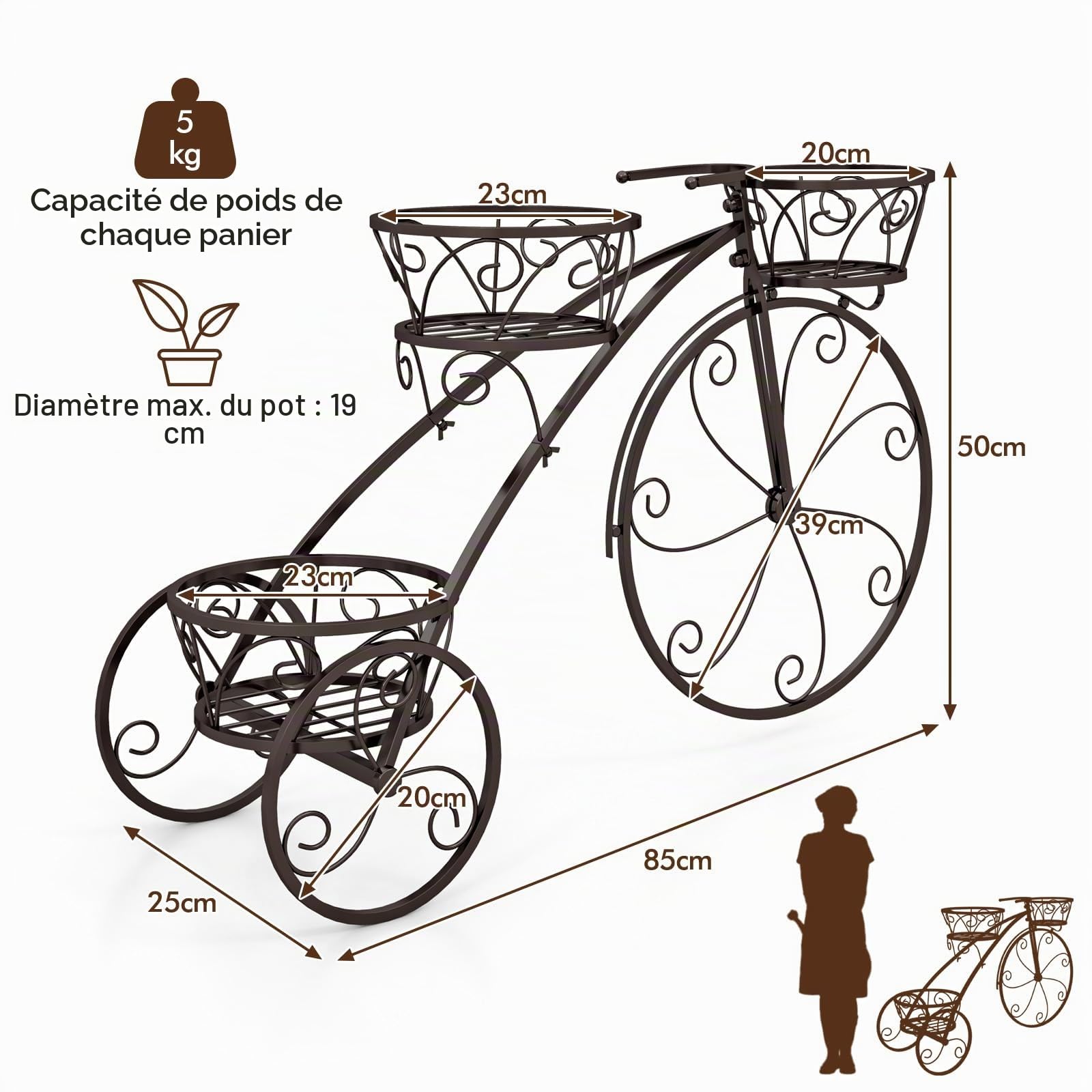 HOMASIS Support de Fleurs en Forme de Vélo, Échelle de Plantes en Métal avec 3 Niveaux, Jardinière pour Plantes, Style Vintage pour Jardin, Balcon, Bureau, Étagèrer, 85 x 25 x 50 cm, Bronze