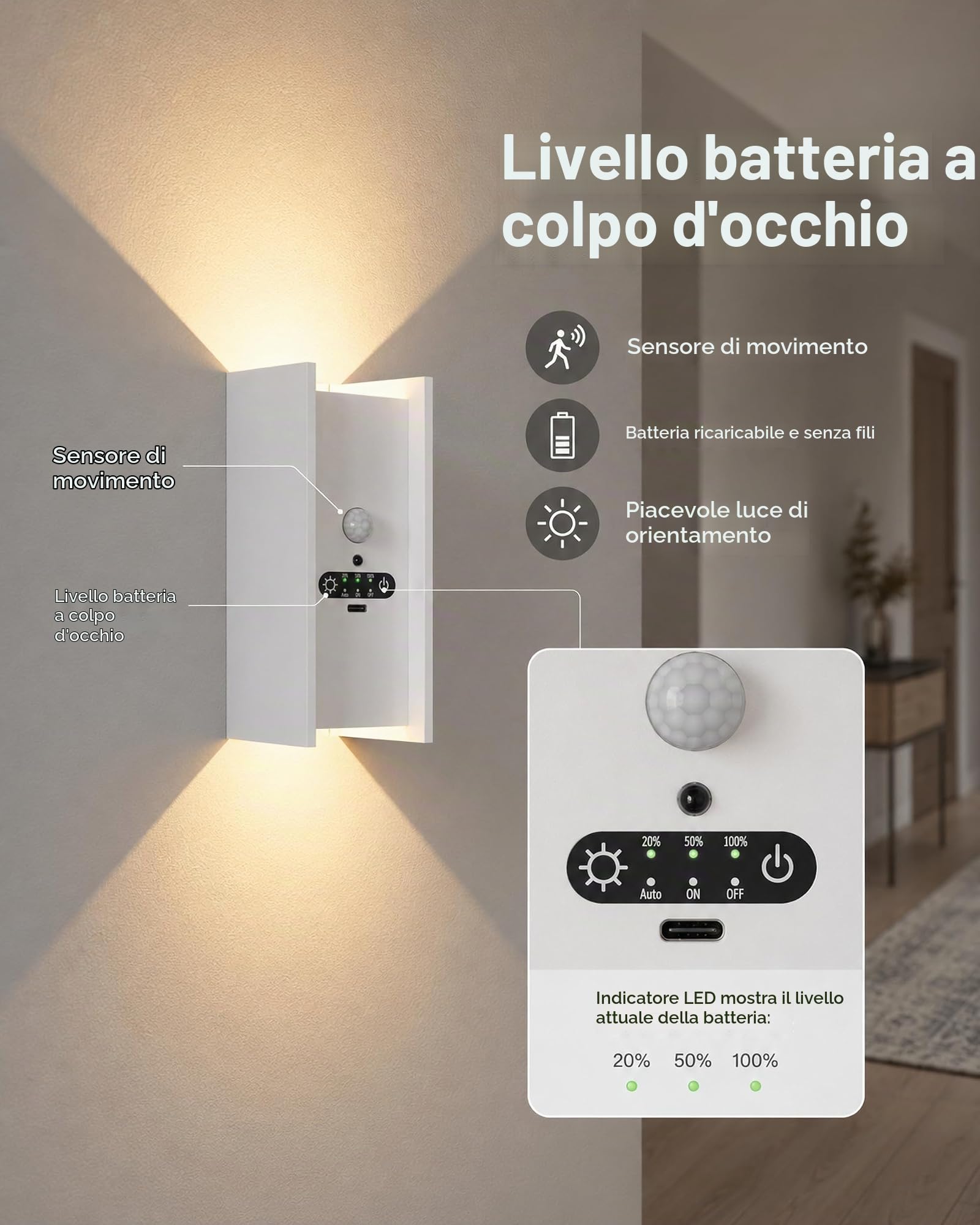 ACMHNC Lampada da Parete Senza Fili, Applique Ricaricabile da parete interno con Sensore di Movimento, 5W LED lampade senza corrente, Bianco Caldo, per Cameretta, Scale, Corridoio, Bianco