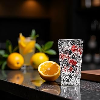 Glaver's Drinking Glasses Set of 4. Tall Highball Glasses. 14oz. Textured Diamond Cut Elegant Drinking Glass Cups- Kitchen Glassware for Water, Iced Tea, Juice, Cocktail.