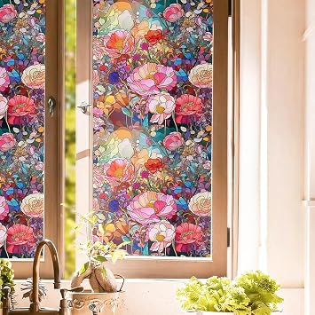 Colorful Pink Red Stained Glass Flowers Blue Purple Wildflowers Window Films Double-Side Decorative Privacy Film Self-Adhesive Static Window Clings Stickers for Living Room Bathroom