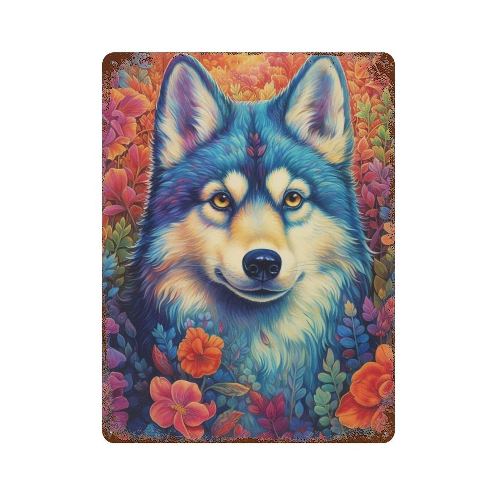 Rust Effect Colorful Wolf Garden Art Print Aged Metal Wall Plaque 15.7"x11.8", Shabby Chic Decor for Living Room, Hallway And Home Decor