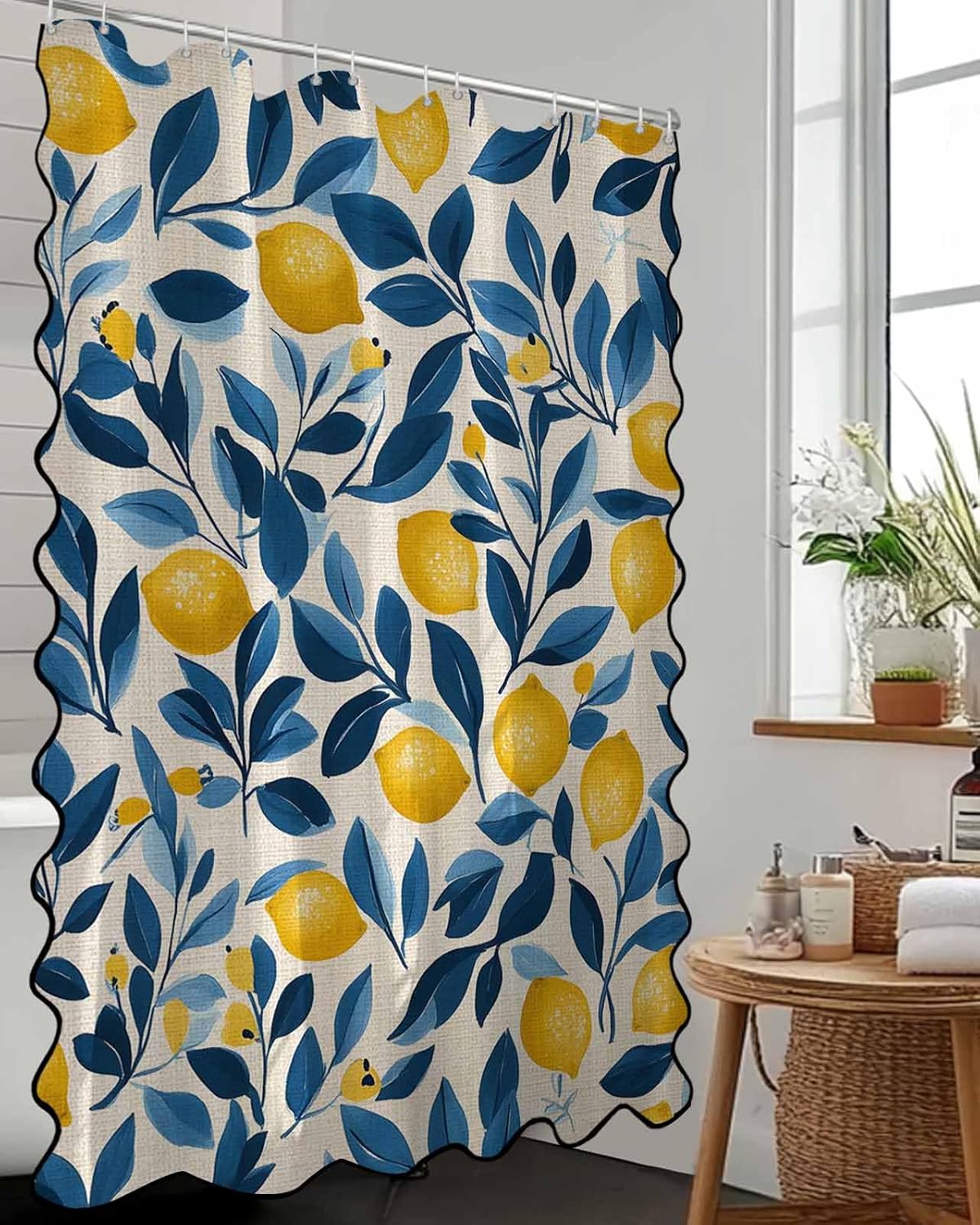 Scalloped Shower Curtain for Bathroom 36"x72" Summer Pastoral Lemon Blue Leaves Watercolor Liner Grain Waterproof Wave Bathroom Shower Curtain Sets with Hooks Bath Home Decor