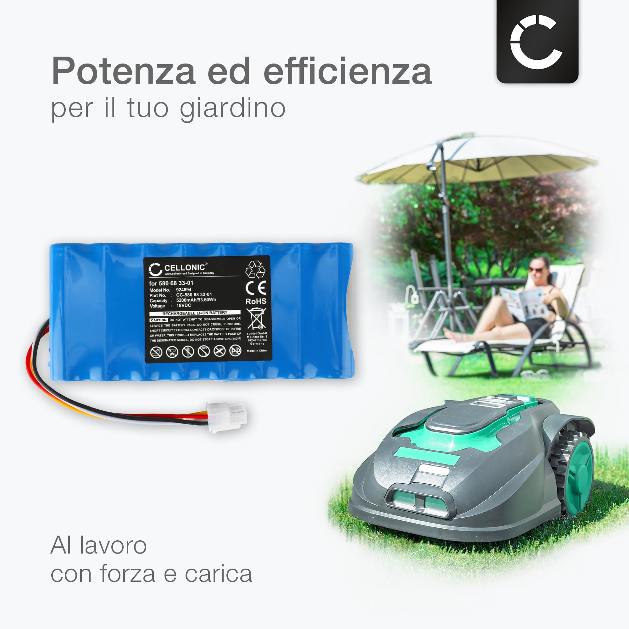 CELLONIC® Batteria 580 68 33-01, 580 68 33-02,580 68 33-03 compatibile con Husqvarna Automower 420/440 / 320/550/ 520 ricambio da 5200mAh, 18V, per utensile attrezzo power tool