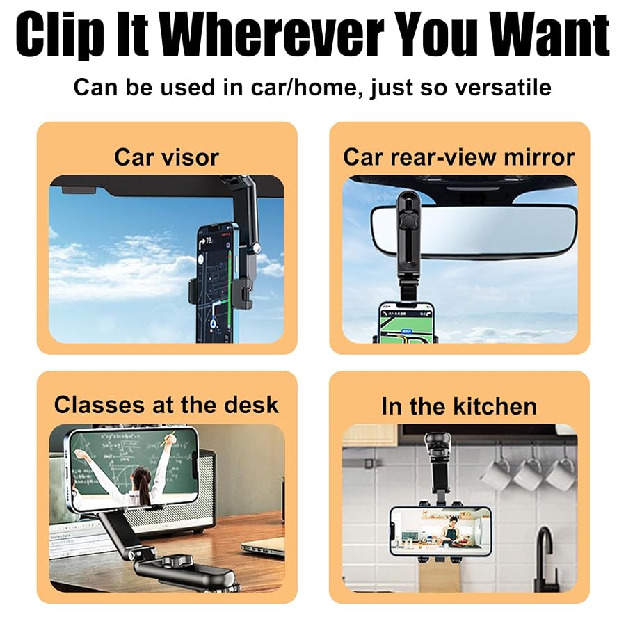 Hbxdeco Sun Visor Car Phone Holder, 360° Rotatable Retractable Car Cell Phone Holder, Adjustable Rearview Mirror Phone Mount Clip for Most Smartphones, Universal Car Accessories (Black), image 6