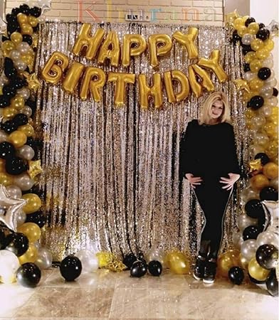 KHURANA DECORATIVE 24pcs Combo Happy Birthday Letter Foil Balloon Set of Gold with Silver Fringe Curtain (3 X 6 Feet) & HD Metallic Rubber Balloons (Gold, Black and Silver) Birthday Decorations Items