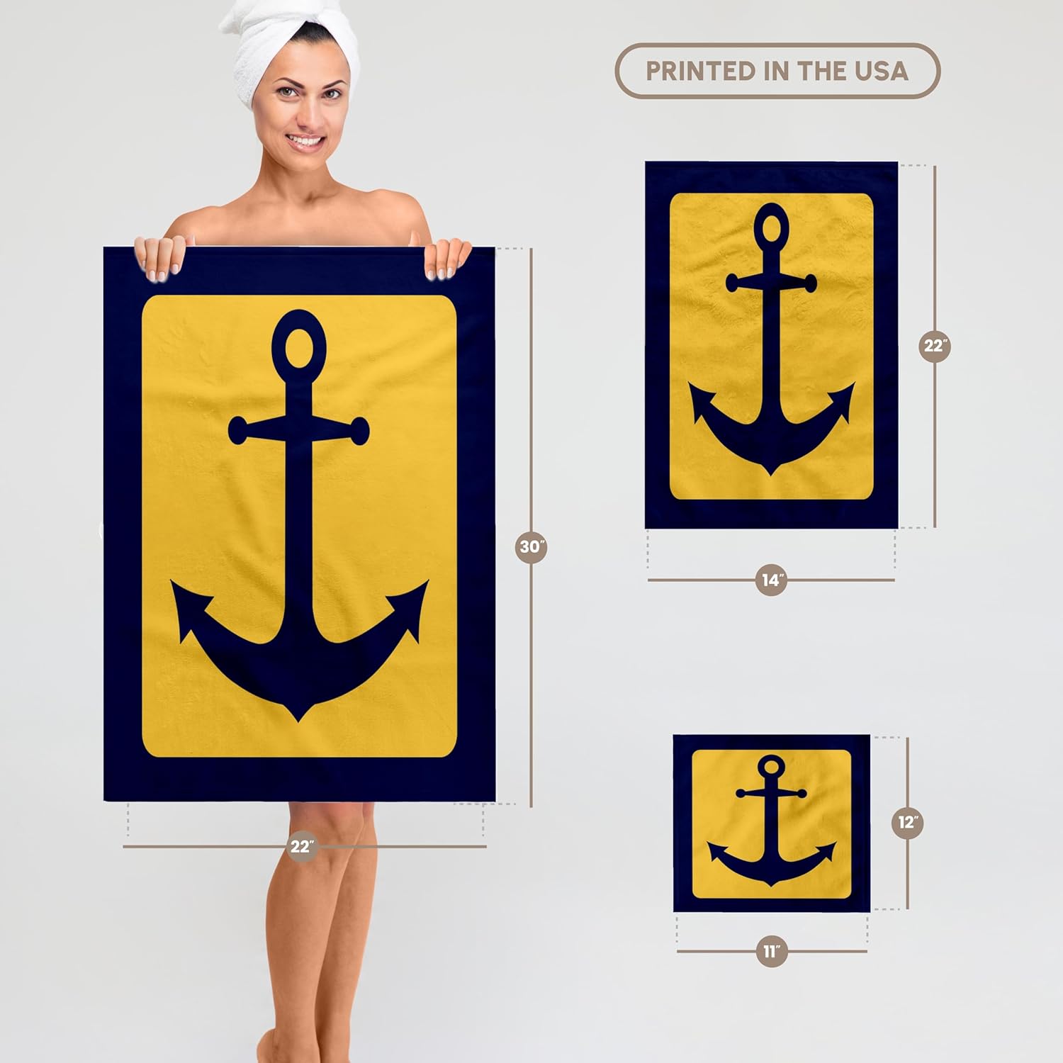 3dRose Blue and Yellow Nautical Anchor Design 22x30 Bath Hand Pool Towel