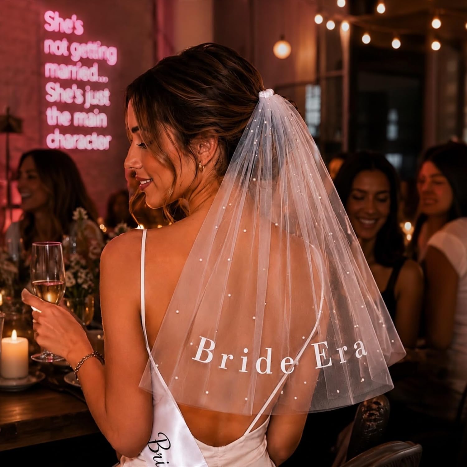 In Her Bride Era Veil for Bachelorette Party – Short Pearl Bridal Veil, White Tulle Bride to Be Veil for Bridal Shower, Engagement Party - Bridal shower favors image 4