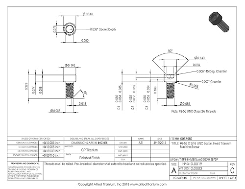 Miniatura 2 de 0032486 Tornillo de máquina de titanio con cabeza de zócalo #2-56 X 316 UNC (paquete de 25), grado 2 (CP)