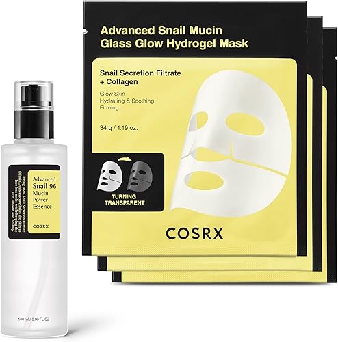 COSRX Snail 96 Essence + Hydrogel Mask 3EA- Advanced Snail 96 Mucin Serum and Glass Glow Hydrogel Collagen Face Masks, Travel Essentials, Stocking Stuffers, Korean Skin Care